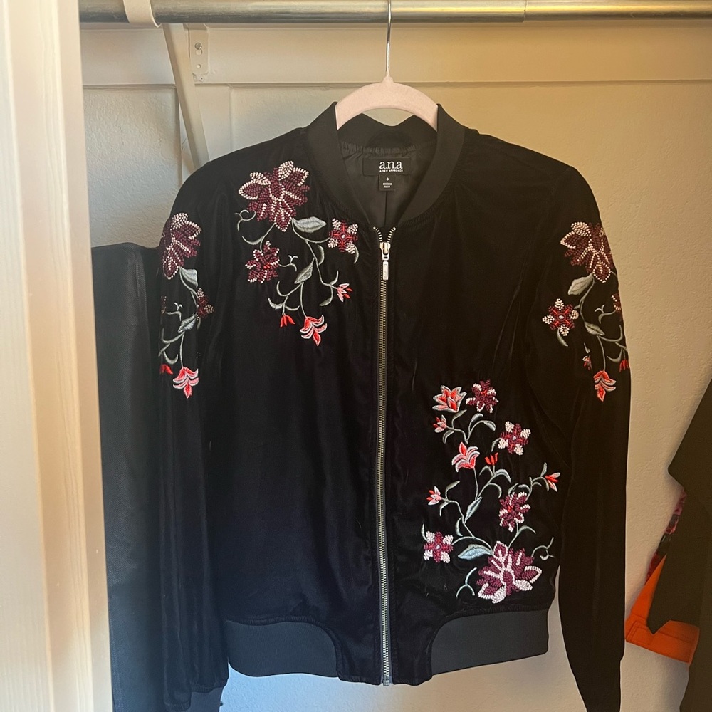 a.n.a Black Bomber Jacket with Floral Embroidery